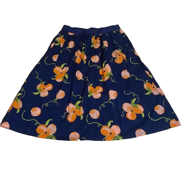 ModCloth A Line Vintage Era Summertime Peach Skirt Navy Blue Cotton Women Medium - Picture 2 of 8